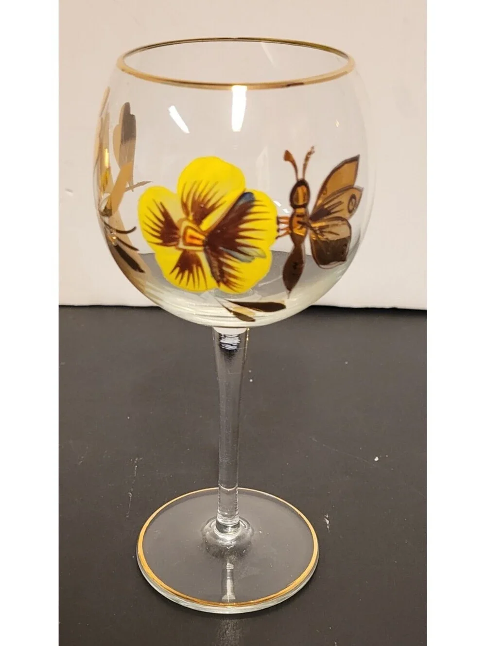 Vintage Romanian Hand Painted Crystal Golden Butterfly Decanter & 2 Stem Glasses